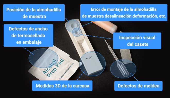 Posición de la almohadilla de muestra, Error de montaje de la almohadilla de muestra desalineación deformación, etc., Defectos de ancho de termosellado en embalaje, Inspección visual del casete, Medidas 3D de la carcasa, Defectos de moldeo