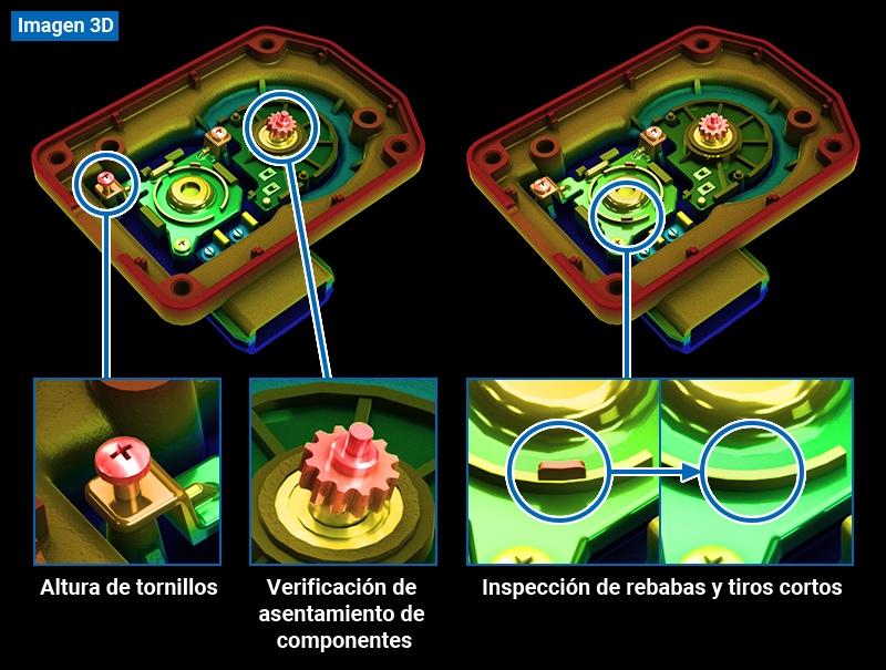 [Imagen 3D] Altura de tornillos / Verificación de asentamiento de componentes / Inspección de rebabas y tiros cortos