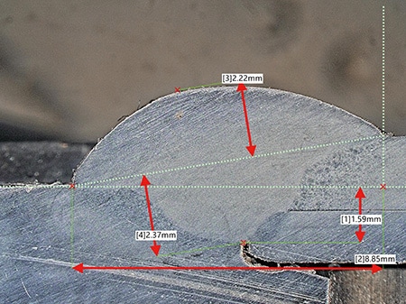 Observación de secciones transversales de soldadura por arco