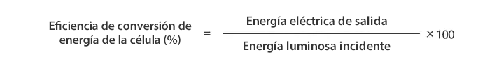 Eficiencia de conversión de energía de la celda (%) = Energía eléctrica de salida/Energía luminosa incidente × ;100