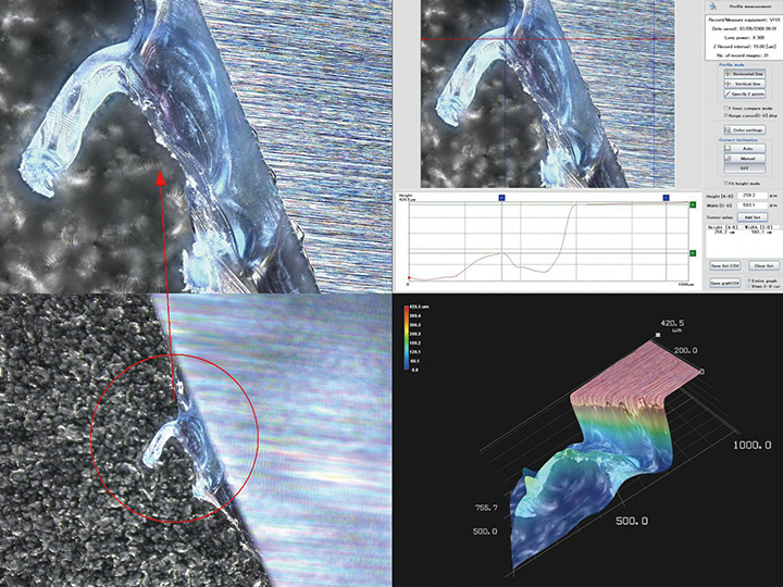 Observación inclinada de un borde defectuoso (imágenes de alto/bajo aumento, medición de la forma 3D y medición de perfiles)