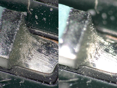 Observación inclinada de un filete de soldadura Izquierda: composición de profundidad, eliminación de reflejos, eliminación de reflejo de anillo/Derecha: normal