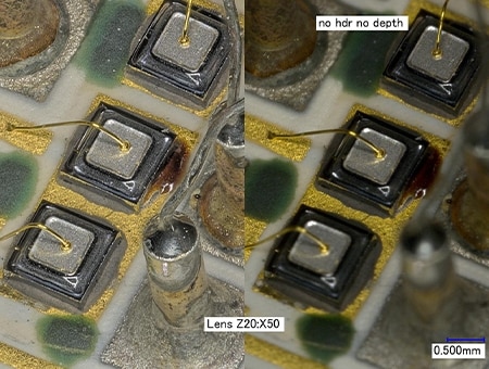 Izquierda: obtención de imágenes HDR + composición de profundidad/derecha: normal (50x)