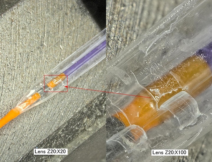 Observación con aumento de un catéter con globo: 20x (izquierda) y 100x (derecha)