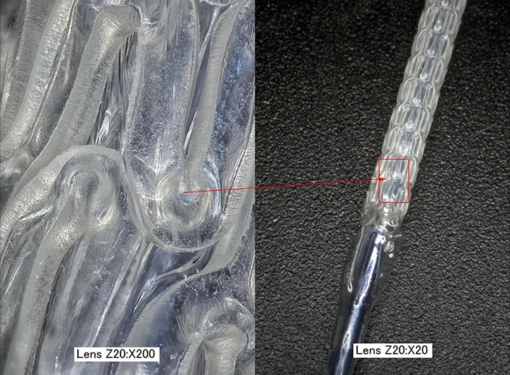 Imágenes con aumento de una endoprótesis bioabsorbible (izquierda: 200x/derecha: 20x)